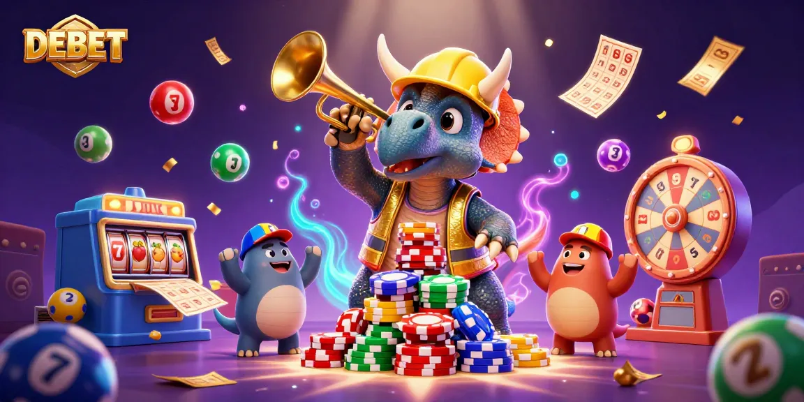 DEBET casino illustration featuring a triceratops building poker chips while party-themed elements create a vibrant scene.