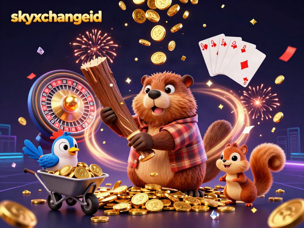 Experience thrilling moments with skyxchangeid as a cartoon beaver collects coins and plays with friends in a vibrant casino.