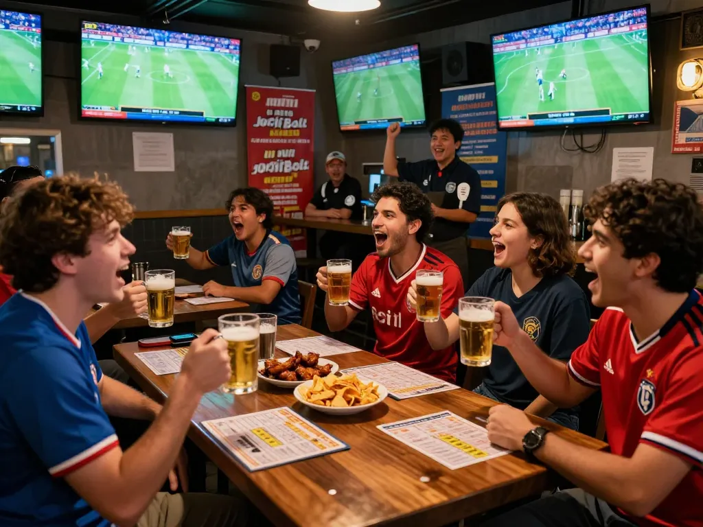 Cheering friends enjoying Judi Bola at a lively sports bar during a football match.