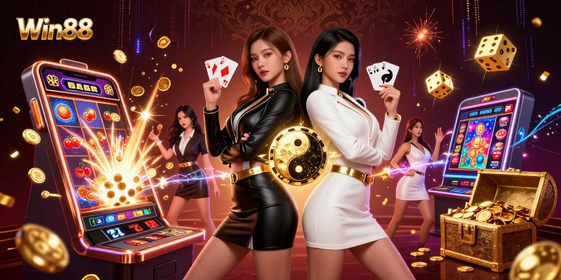 Win88 showcases stunning Asian women with playing cards in a vibrant casino scene.