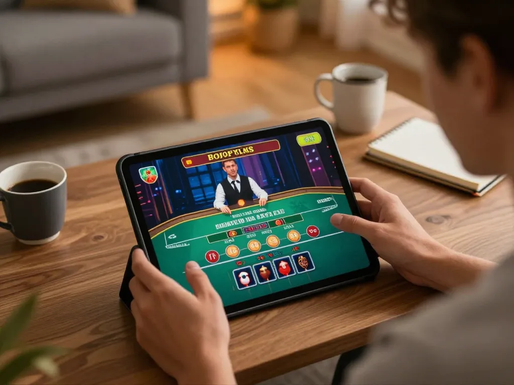 Player enjoying live dealer game on 888New tablet in cozy home setup, promoting responsible gaming