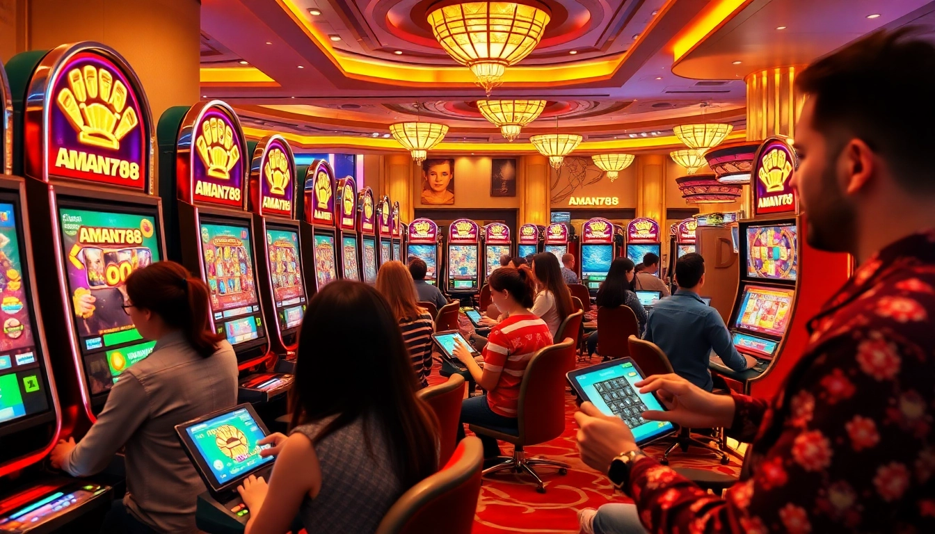 Seorang pemain menikmati permainan slot yang mendebarkan di AMAN788, menampilkan grafik yang cerah dan suasana permainan yang mewah.