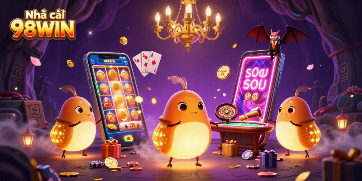 Engage at Nhà cái 98WIN with glowing glowworms illuminating a vibrant casino scene full of games.
