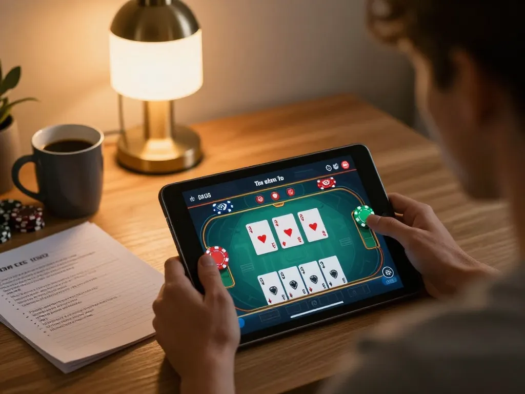 Gamer strategizing with 99ok app for online poker while enjoying a cozy home setting