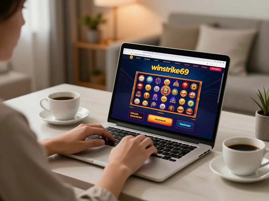 Engaging gameplay on winstrike69 platform featuring a cozy home setup with laptop and coffee