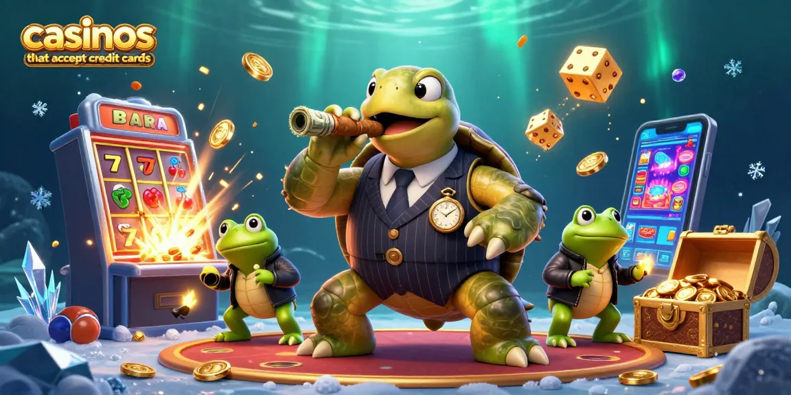 Engaging scene showcasing casinos that accept credit cards with vibrant slot machines, charming characters, and casino elements.