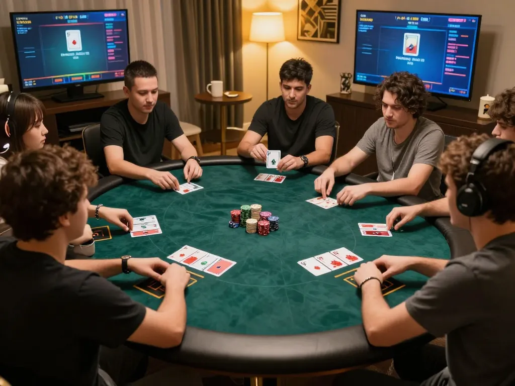 Players engaging in an intense online poker game at Jun88, showcasing strategic gameplay and excitement.