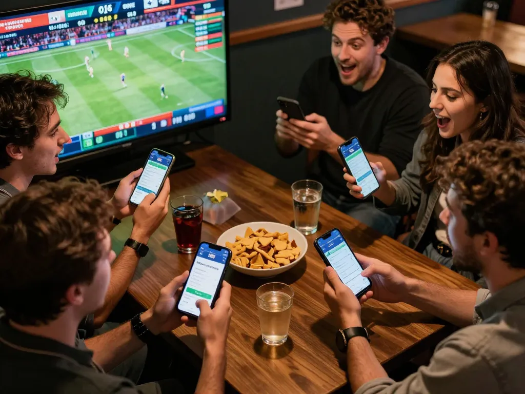 Friends enjoying live sports betting with the c168 app in a festive atmosphere.