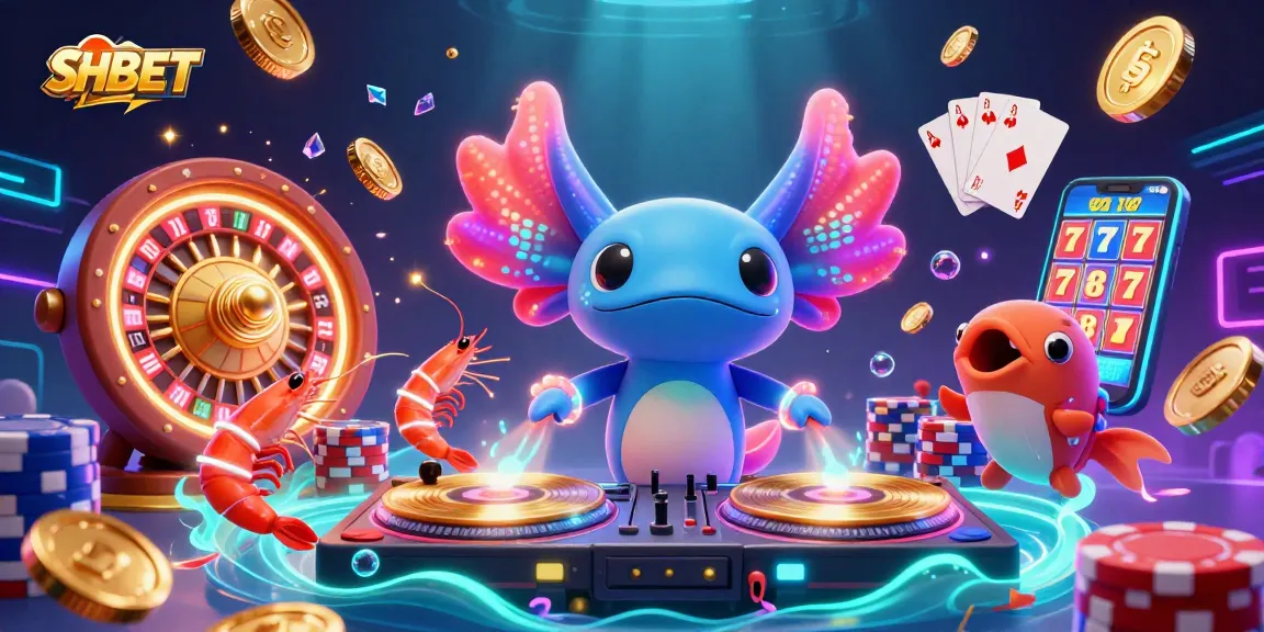 Engage with SH BET through a vibrant 3D casino scene featuring a neon axolotl DJ and lively casino elements.