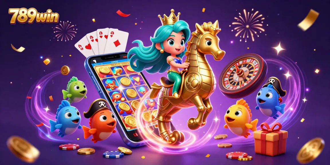 Experience the thrill of 789win as the mermaid princess rides into a vibrant casino adventure surrounded by games.