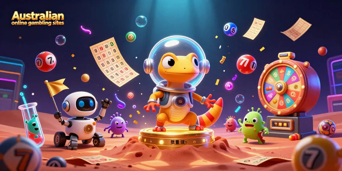 Engaging image of the Australian online gambling sites highlighted with vibrant lottery elements and a unique Martian gecko theme.