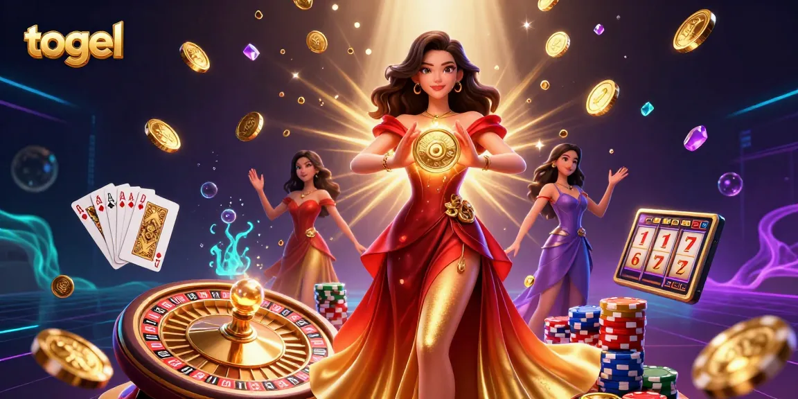 Engaging togel scene showcasing a stunning Asian woman with a golden coin surrounded by casino elements, representing exciting online gambling.