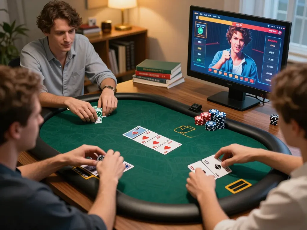 Pemain yang terlibat merumuskan strategi dalam permainan poker online di platform Dewi89, menampilkan taktik permainan yang kompetitif.