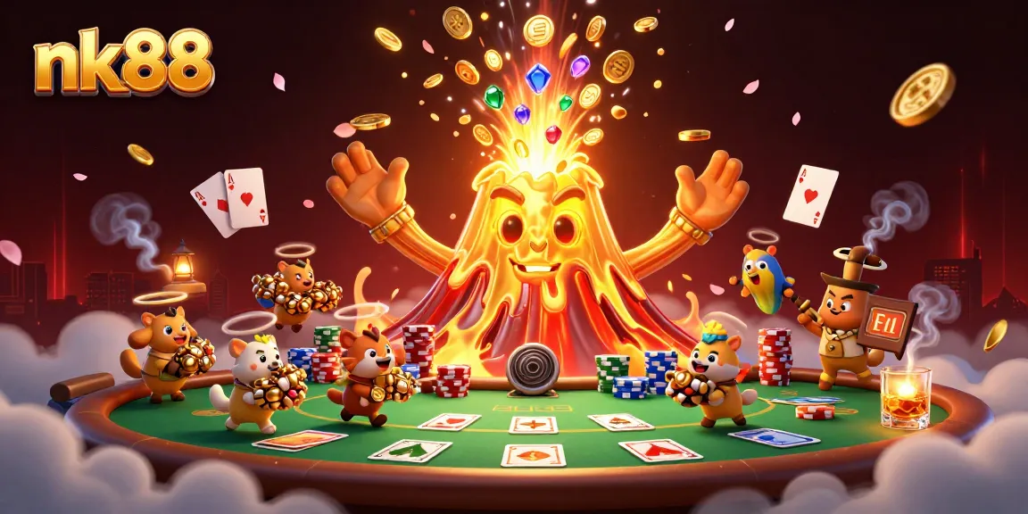 Play nk88 with a triumphant volcano amidst poker chips and a dazzling treasure scene.