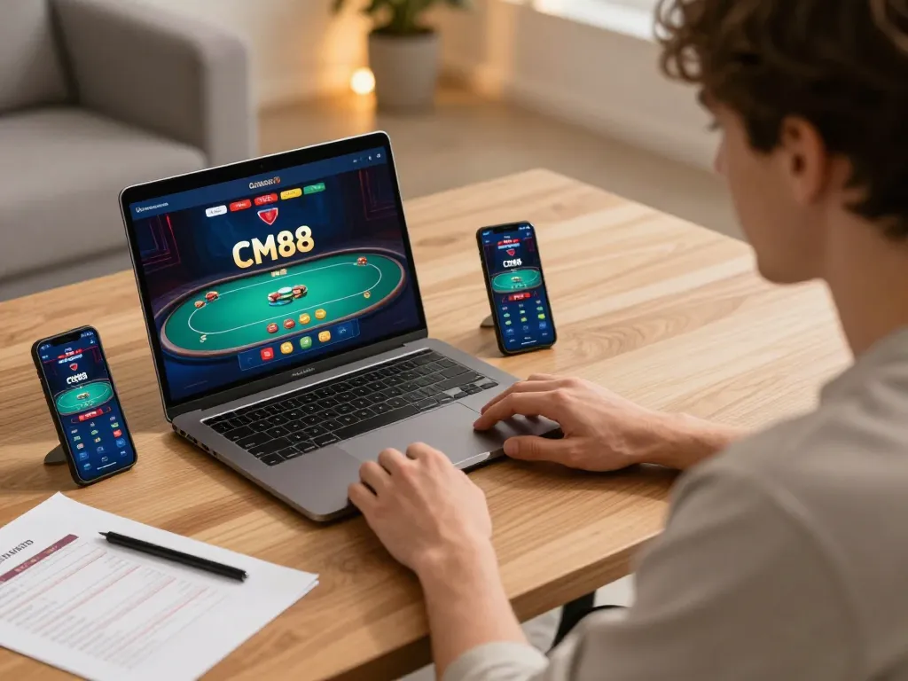 Player strategizing on poker bets using CM88 online platform, showcasing modern gaming setup.