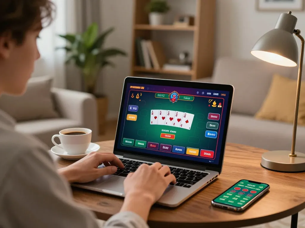 Engaged user gaming on dacsandatphanrang.com with poker interface, cozy home setting, warm lighting.