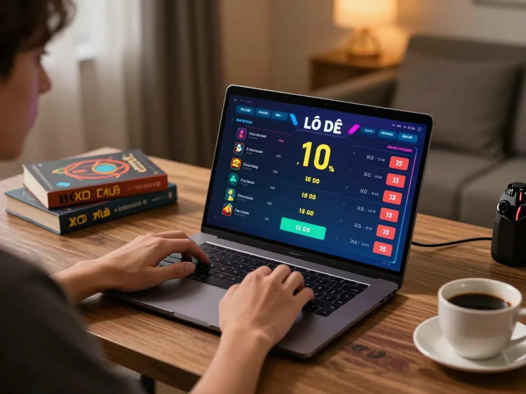 Lô đề online gaming session with a player strategizing on a laptop, encouraging responsible gambling practices