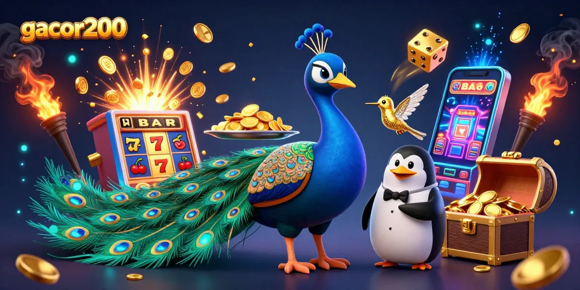 Experience the vibrant gambling world of gacor200 with animated characters amidst slot machines and jackpot explosions.
