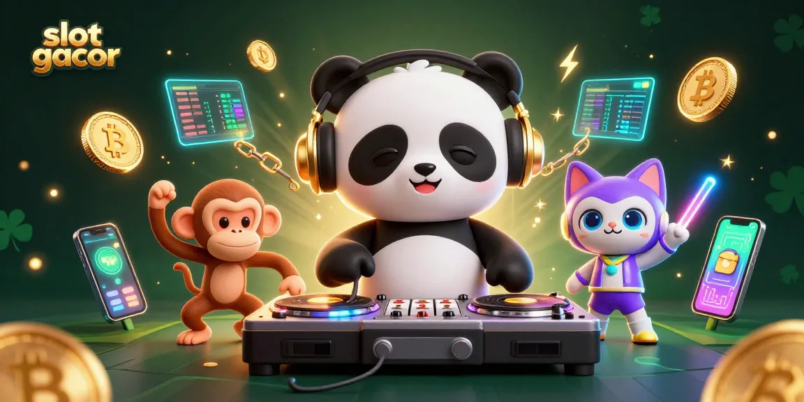 Slot gacor menghadirkan suasana meriah dengan DJ panda, monyet breakdance, dan kucing bertongkat glow-stick.