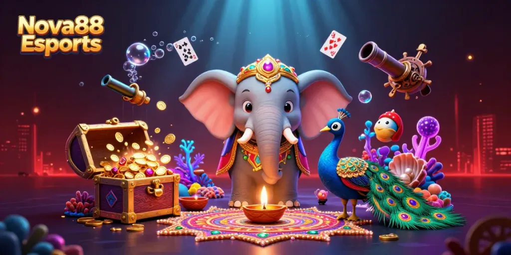 Experience thrilling betting action with Nova88 Esports as a lively elephant, peacock, and gems intertwine.