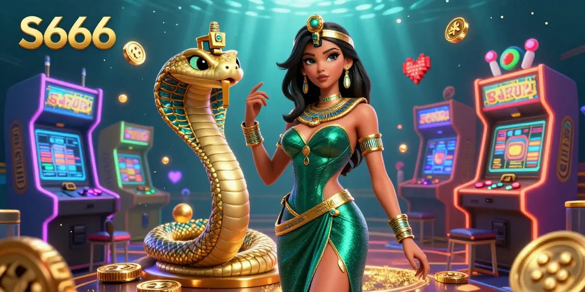 S666 casino illustration showcasing vibrant 3D arcade elements and a captivating central character, enhancing gaming excitement.