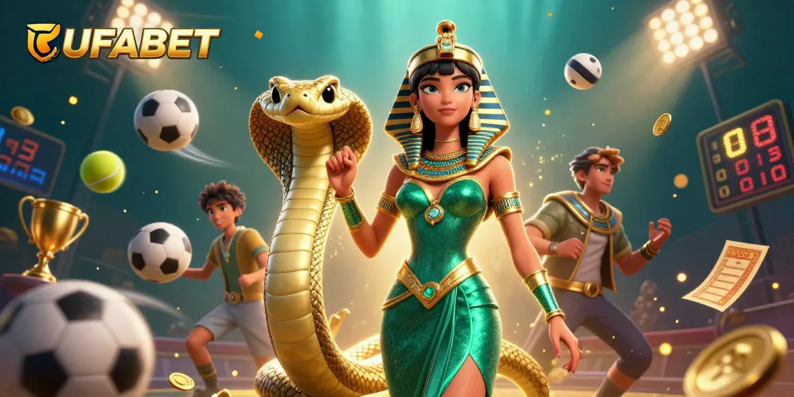 Bet on UFABET with a stunning woman in an emerald dress and dynamic sports elements surrounding her.