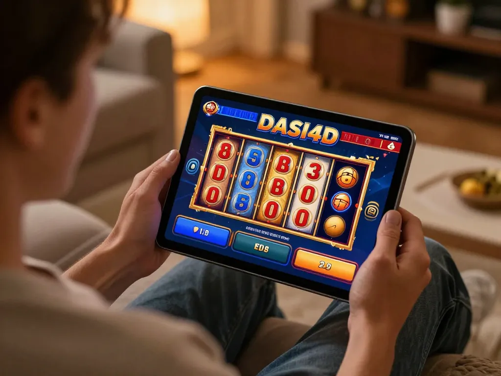 Pemain DASI4D menikmati permainan slot di tablet dalam suasana nyaman, fokus pada permainan yang strategis.