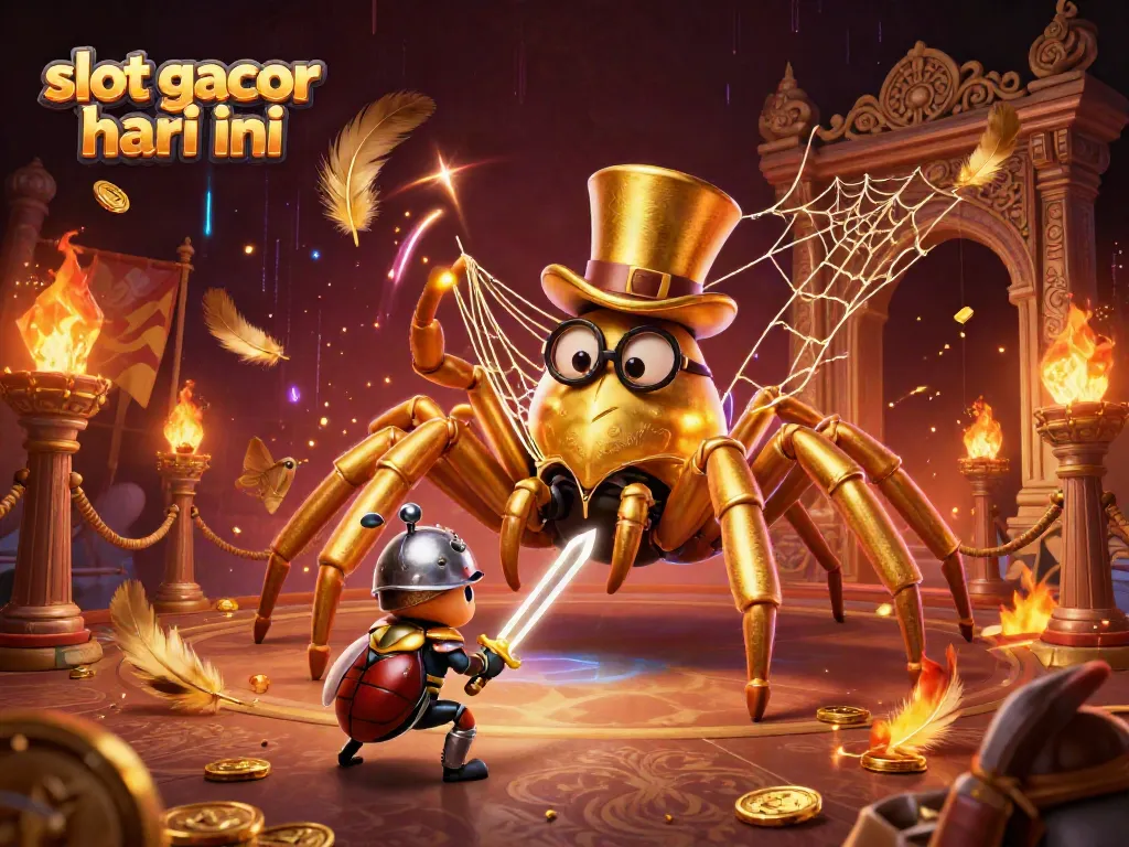 Slot gacor hari ini menampilkan tarantula emas dan ksatria sedang beraksi di arena perjudian.