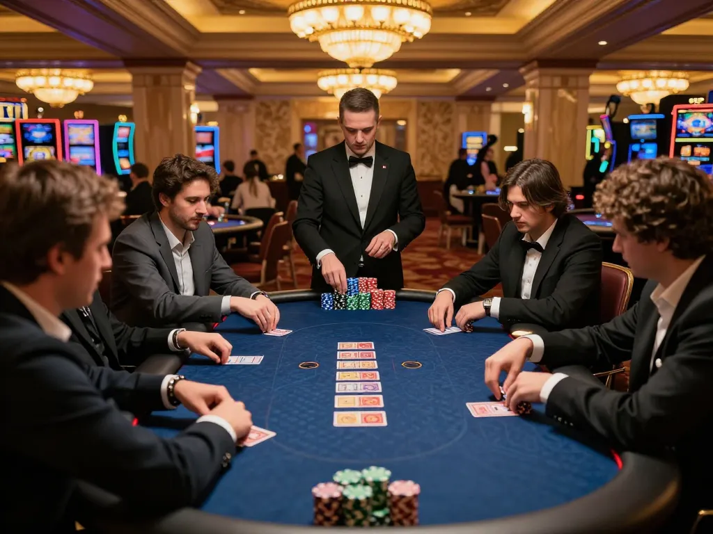 88xx players strategizing at a high-stakes poker game in an elegant Vegas casino with vibrant atmosphere.