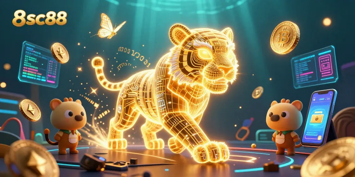 Engage with 8sc88 in a vibrant gambling scene featuring a neon tiger and cryptocurrency elements for an exciting experience.