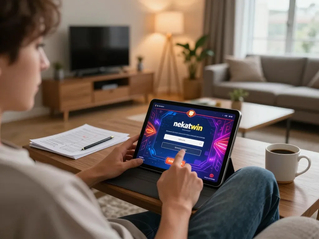 Nekatwin login scene with a player engaged in online gaming at home, showcasing a relaxed atmosphere for strategic play.