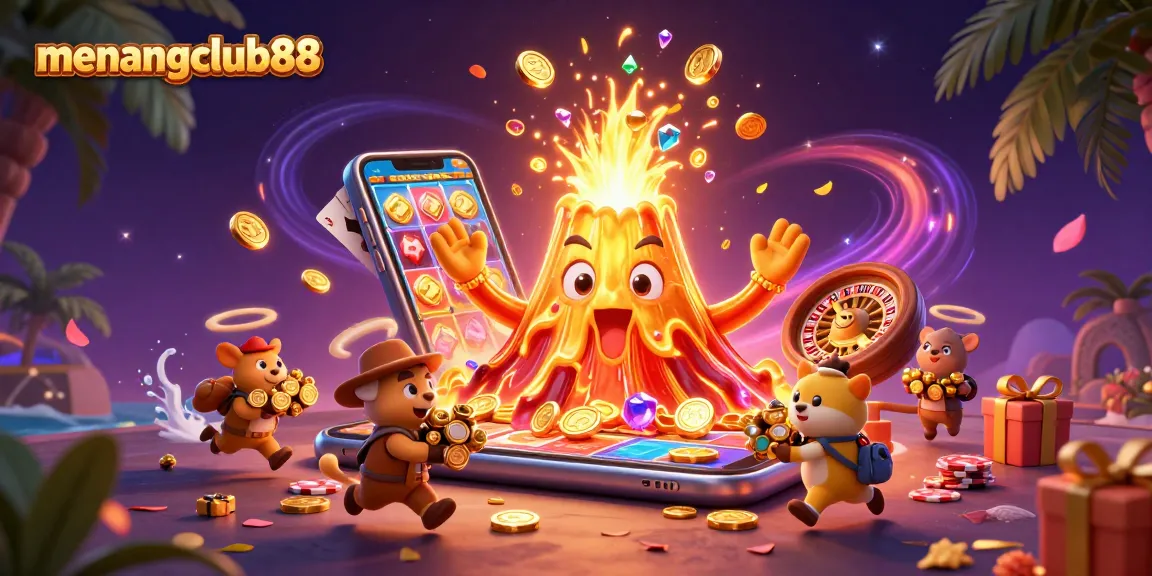 Experience the excitement of menangclub88 as golden coins erupt in a thrilling casino-themed illustration.