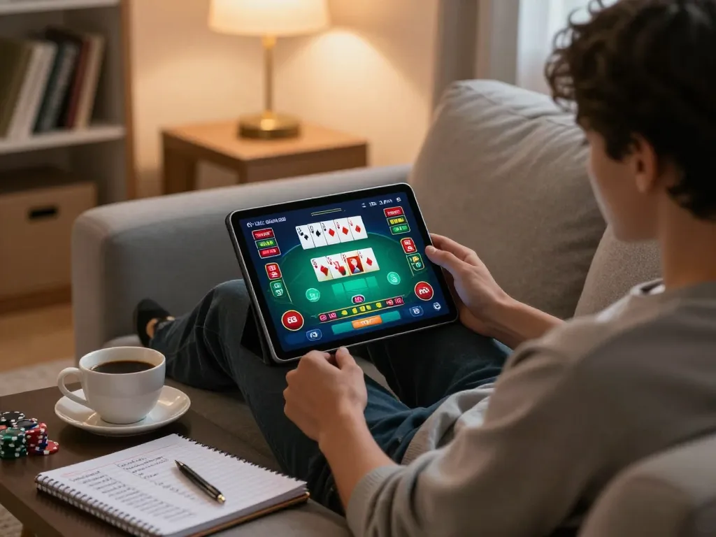 Engaging poker gameplay on a tablet at home, reflecting online excitement at https://sc88.casino/ with cozy atmosphere and strategy notes.