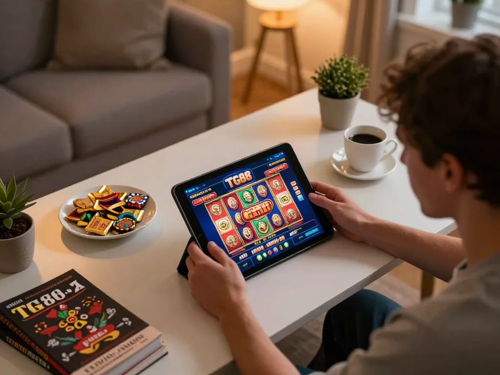 Engaging gameplay on the TG88 casino app showcasing colorful slot reels and strategy notes.
