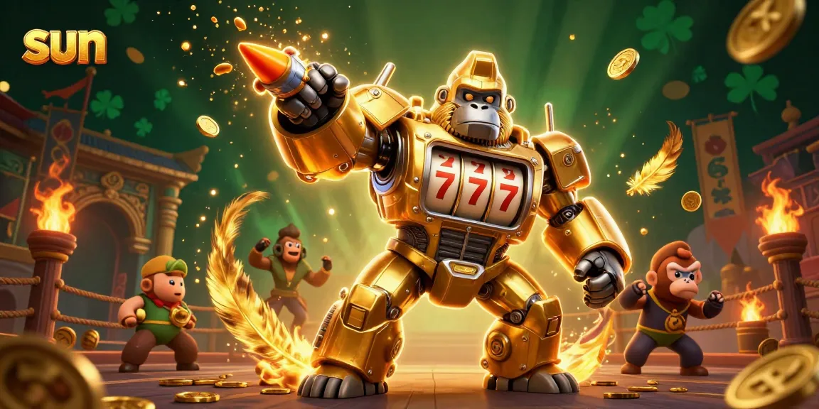 Sun-themed casino illustration featuring a golden mech and vibrant gaming elements.