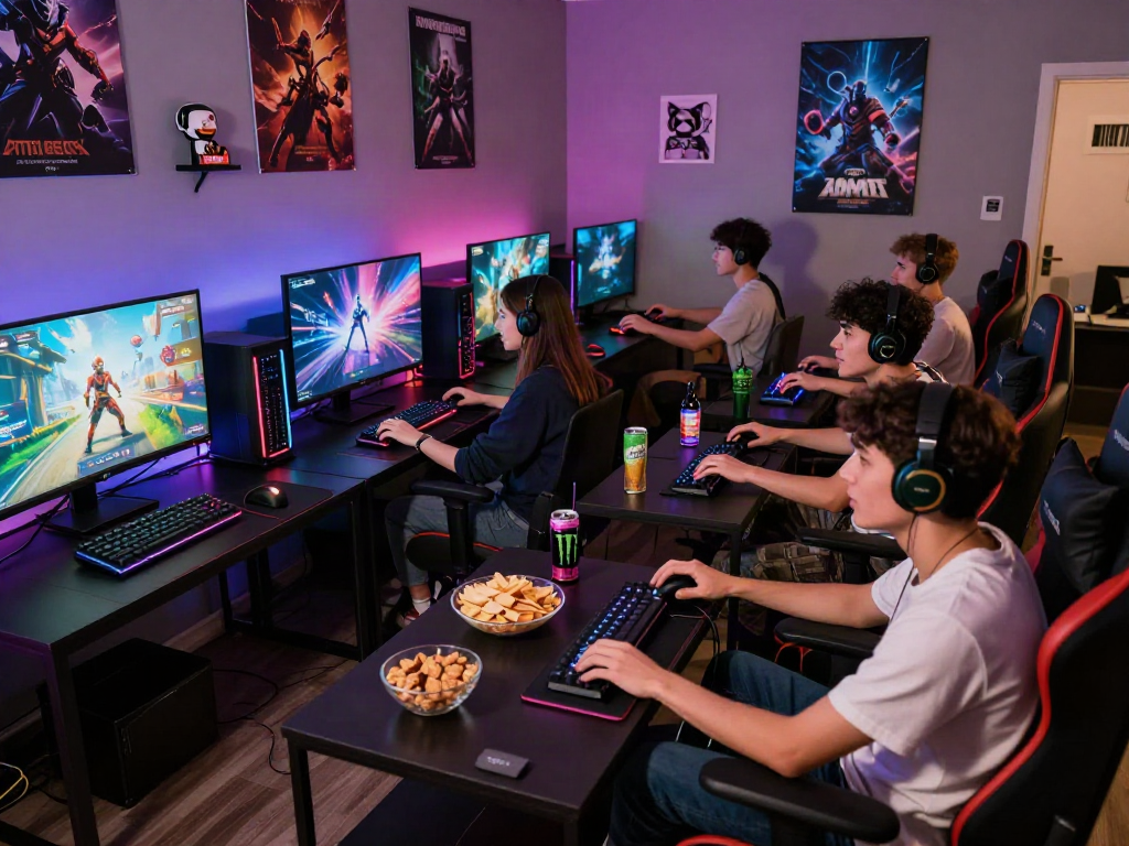 Engaging gaming session with friends at www.mpocash.net, vibrant decor, energy drinks, and console setup.
