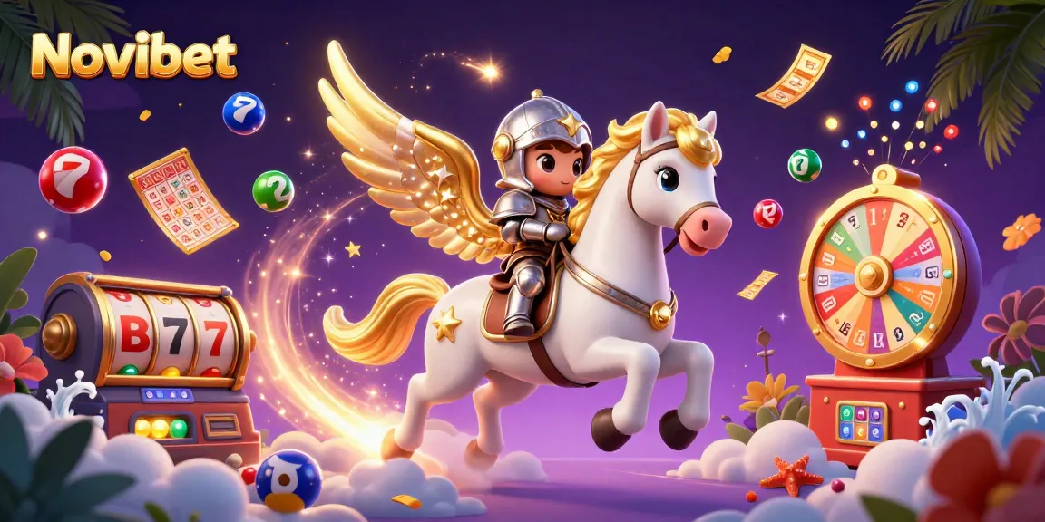 Experience thrilling gameplay with Novibet, showcasing a mystical scene of a celestial horse and knight amidst vibrant lottery elements.