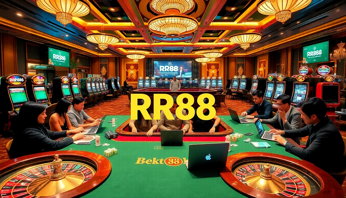 Players enjoying an exciting poker game at RR88 casino, showing luxury and excitement in gambling.