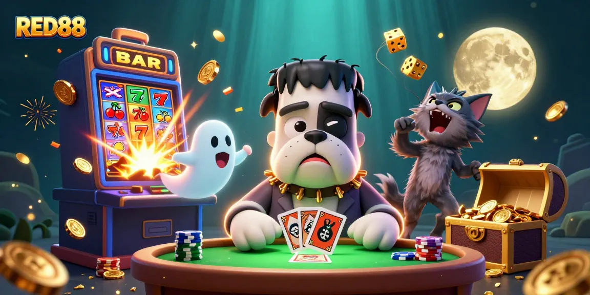 Experience intense gaming with RED88 featuring a whimsical bulldog monster and slot machine in vibrant action.