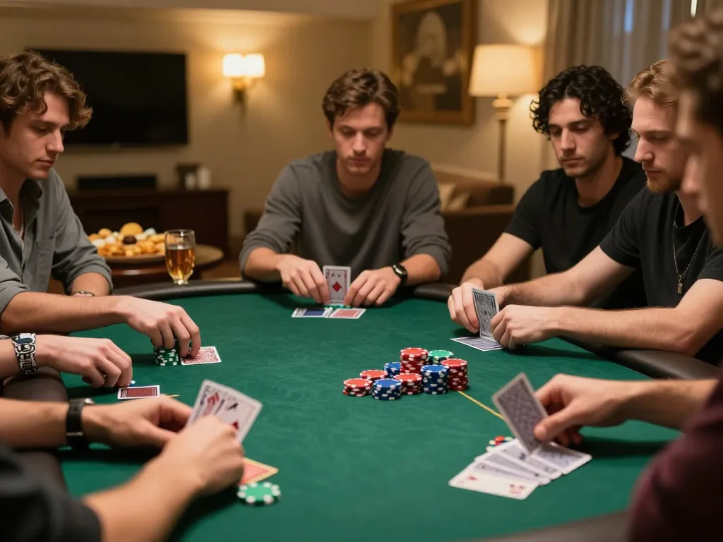 Players at home enjoy poker night while betting with 5679 chips and cards laid out