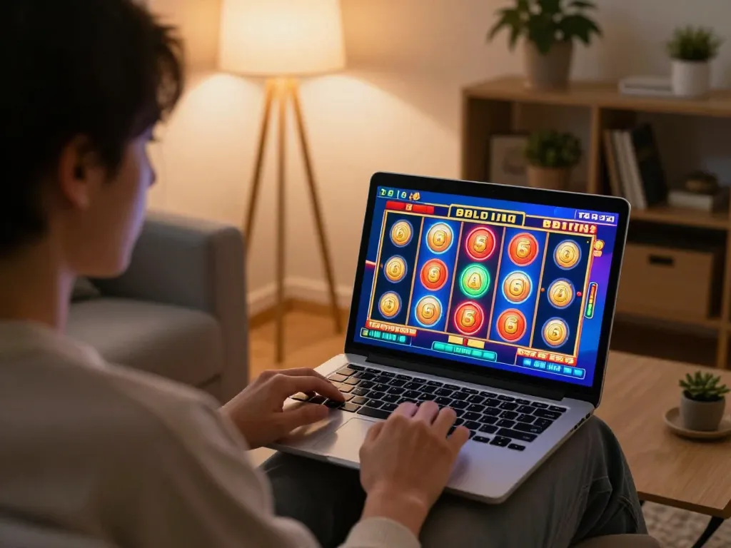 Person playing dynamic slot game on tablet in cozy home setting, enjoying online gambling experience