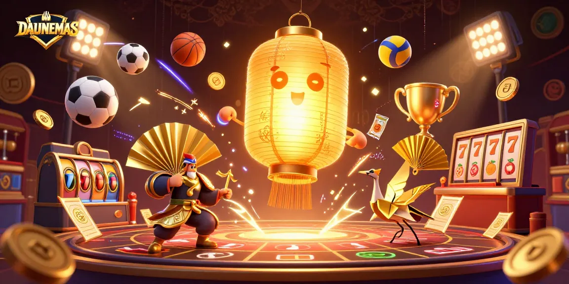Experience the thrill of DAUNEMAS with a dynamic casino scene featuring lucky symbols and vibrant game elements.