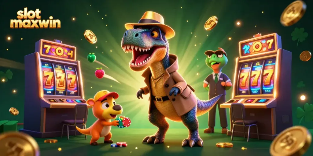 Experience thrilling wins at slot maxwin in this vibrant 3D illustration of a dinosaur adventure.
