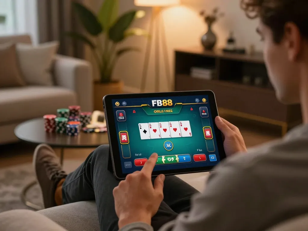 Player enjoying online gaming at FB88 on tablet, showcasing interactive poker action.