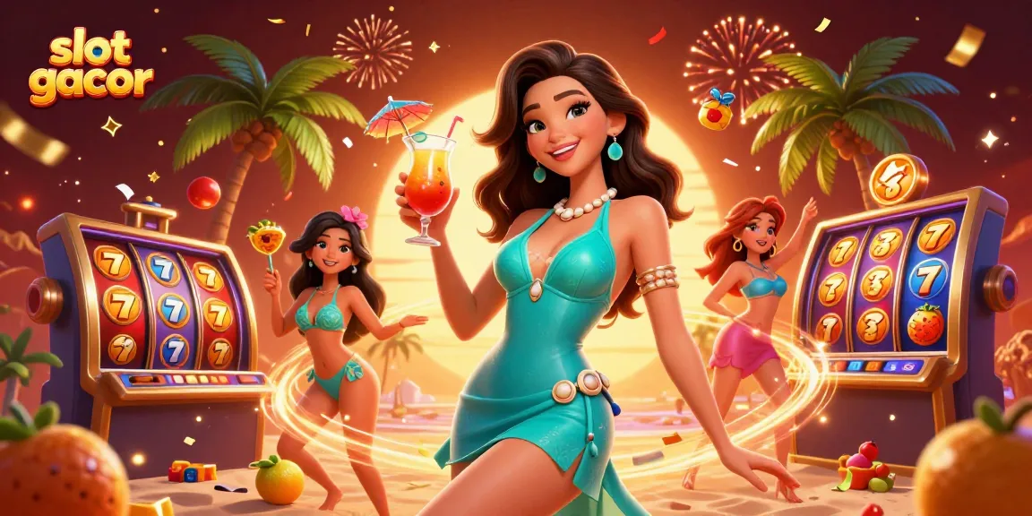Engage with slot gacor excitement featuring a glamorous woman in a tropical casino setting.