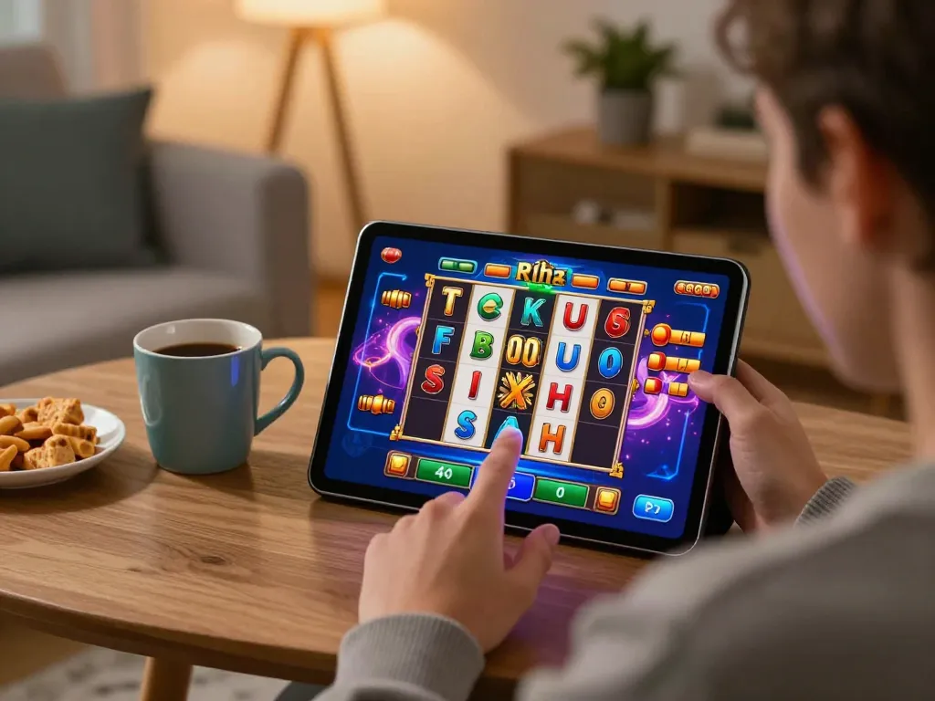 Player enjoying slot depo 5k on their tablet, showcasing excitement during gameplay at home