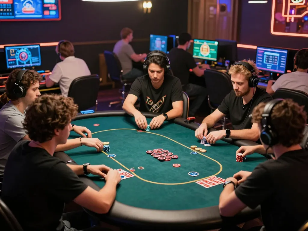 Players engaging in ดูหนังออนไลน์ gameplay at a modern digital poker table, showcasing excitement and strategy.