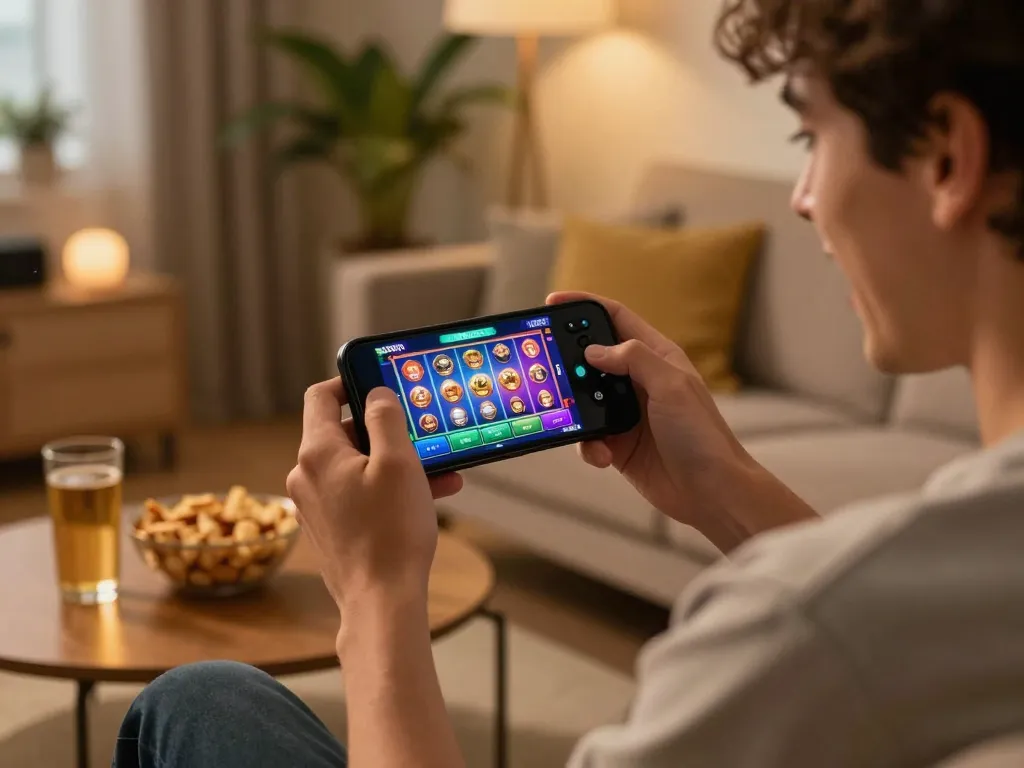 NAGA2000 player engaging with colorful slot games on mobile app, enjoying a cozy gaming session.