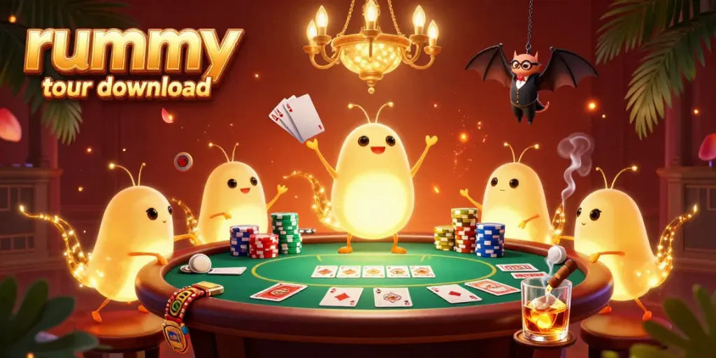 Mengunduh Rummy Tour sambil menikmati pesta kasino terang dengan glowworms sebagai elemen lampu.