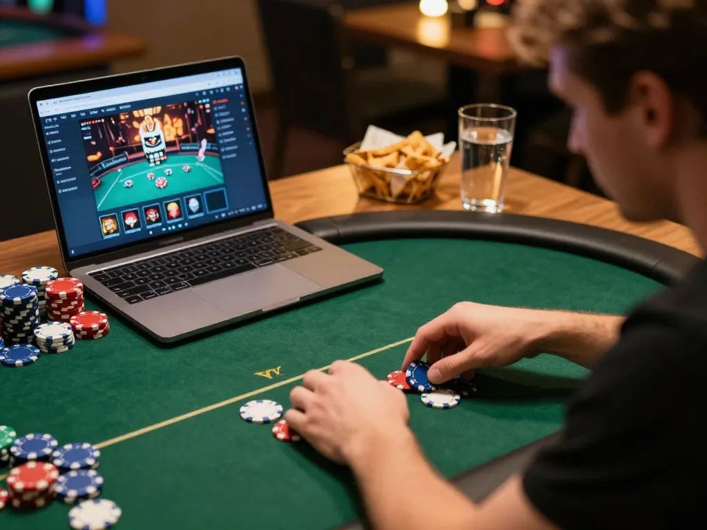 Player at home focused on online poker gameplay on megaplus88 site, surrounded by chips and snacks.